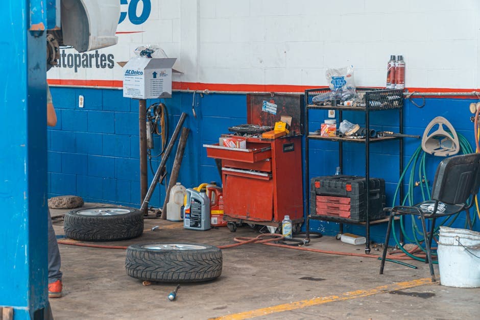 Temporary spare tire service equipment inside an auto repair garage in Grantville PA.