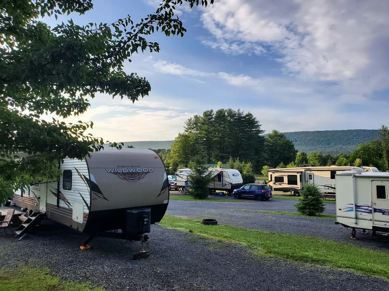 RVs and travel trailers parked at wooded hillside sites at Twin Grove RV Resort in Pine Grove, PA, with a mountain ridge in the background at golden hour