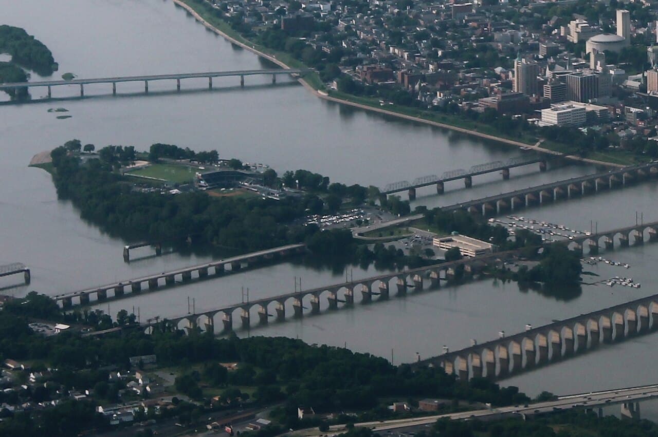 Aerial view of City Island on the Susquehanna River in Harrisburg