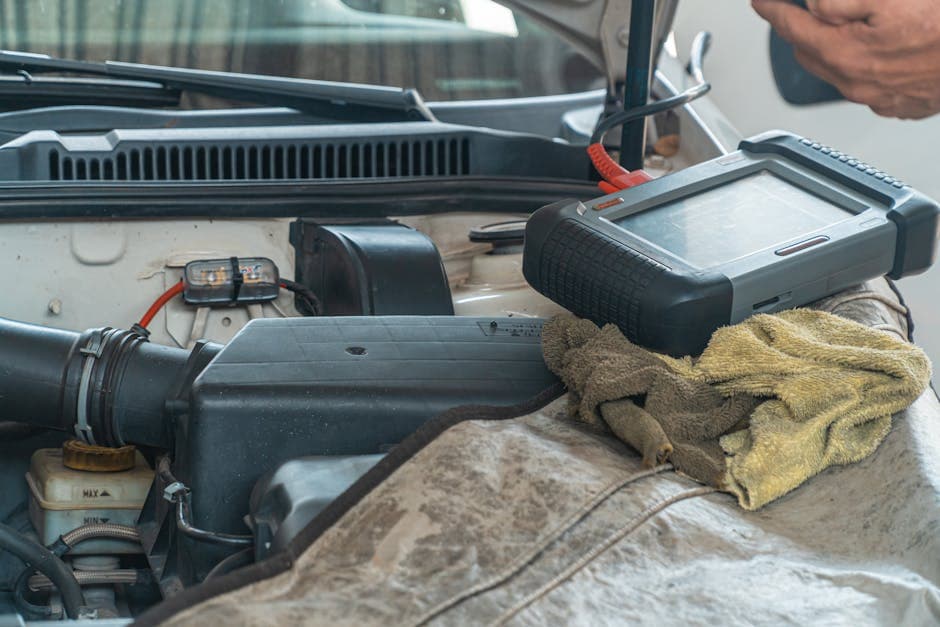 Close-up of a car engine inspection using a diagnostic tool at a Grantville PA auto repair shop.