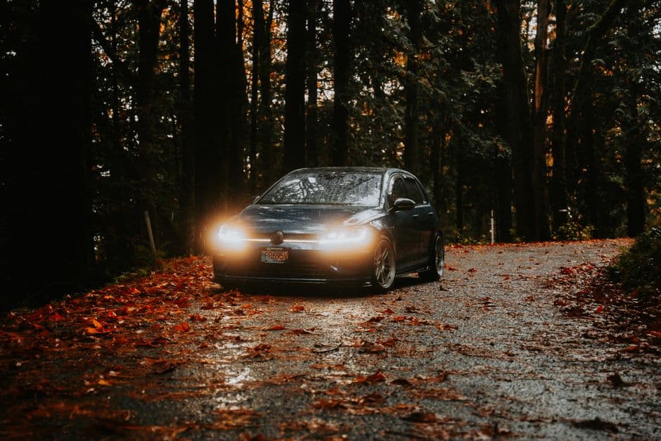 Car driving on a misty autumn road with headlights illuminating the leaf-strewn path.