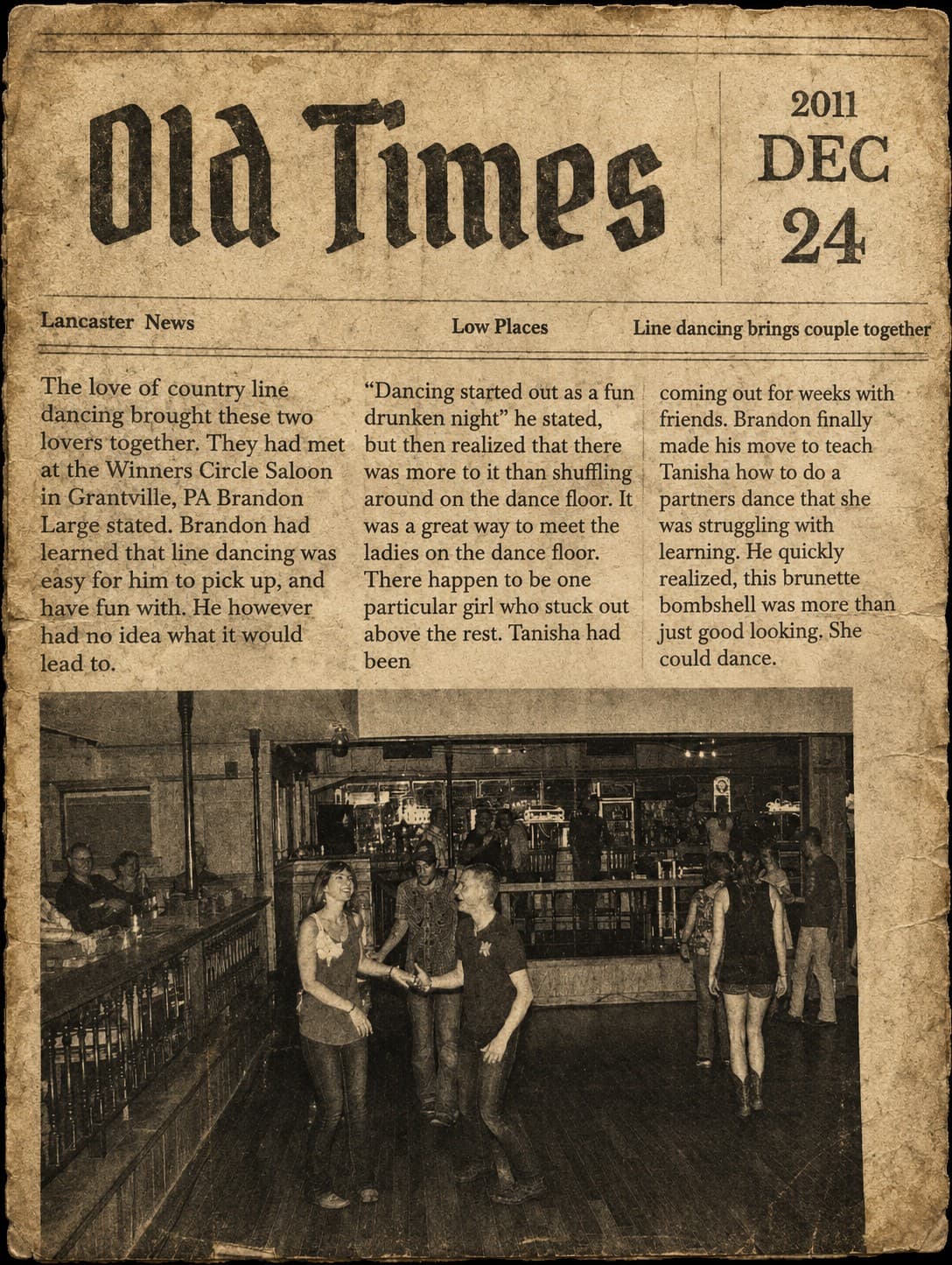 A playful 'Old Times' newspaper page headlined 'Line dancing brings couple together,' telling how Brandon and Tanisha met at Winners Circle Saloon in 2011